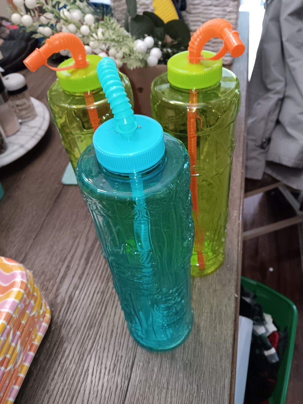 Set Of 3 Reusable Green and Teal Drink Bottle with Straw - Home Dining